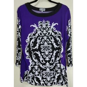 JM Collection Petite Purple Black Print Top Graphic Print Knit Women Size P/L